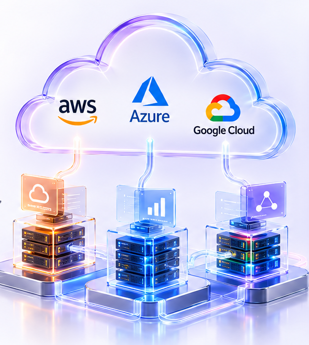 AWS, Azure and Google Cloud connected to cloud infrastructure